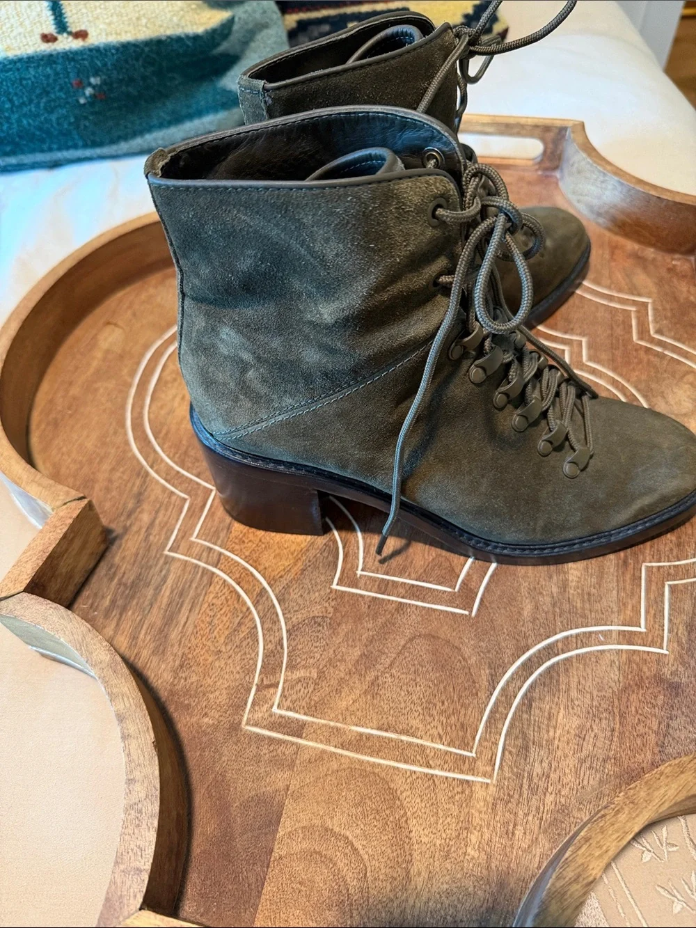 Vince Olive Green Suede Lace-Up Ankle Boots